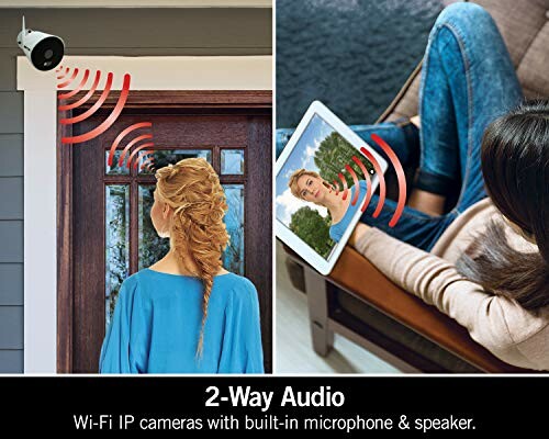 Illustration of Wi-Fi IP camera with two-way audio feature, showing a woman at the door and another person on a tablet