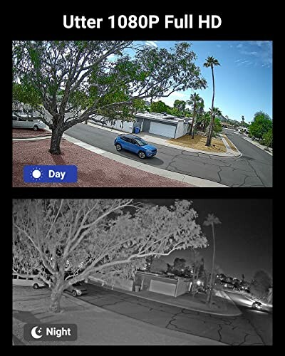 Comparison of daytime and nighttime views from a Utter 1080P Full HD camera showing a suburban street.