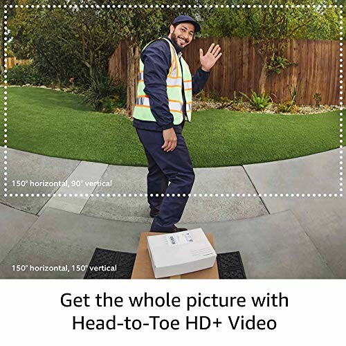 Delivery person waving at video doorbell with package on doorstep, demonstrating wide-angle HD video coverage.