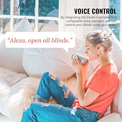 Woman using voice control for smart home blinds with a voice assistant.