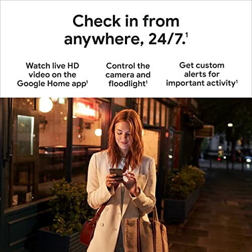 Woman using smartphone outdoors at night with text about camera features.